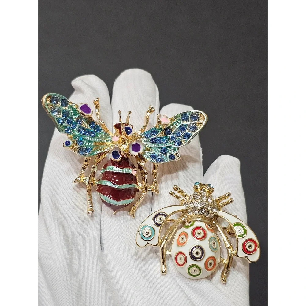 Enamel Bee Brooch Set Women Multicolor Rhinestone Insect Whimsical - Picture 1 of 10